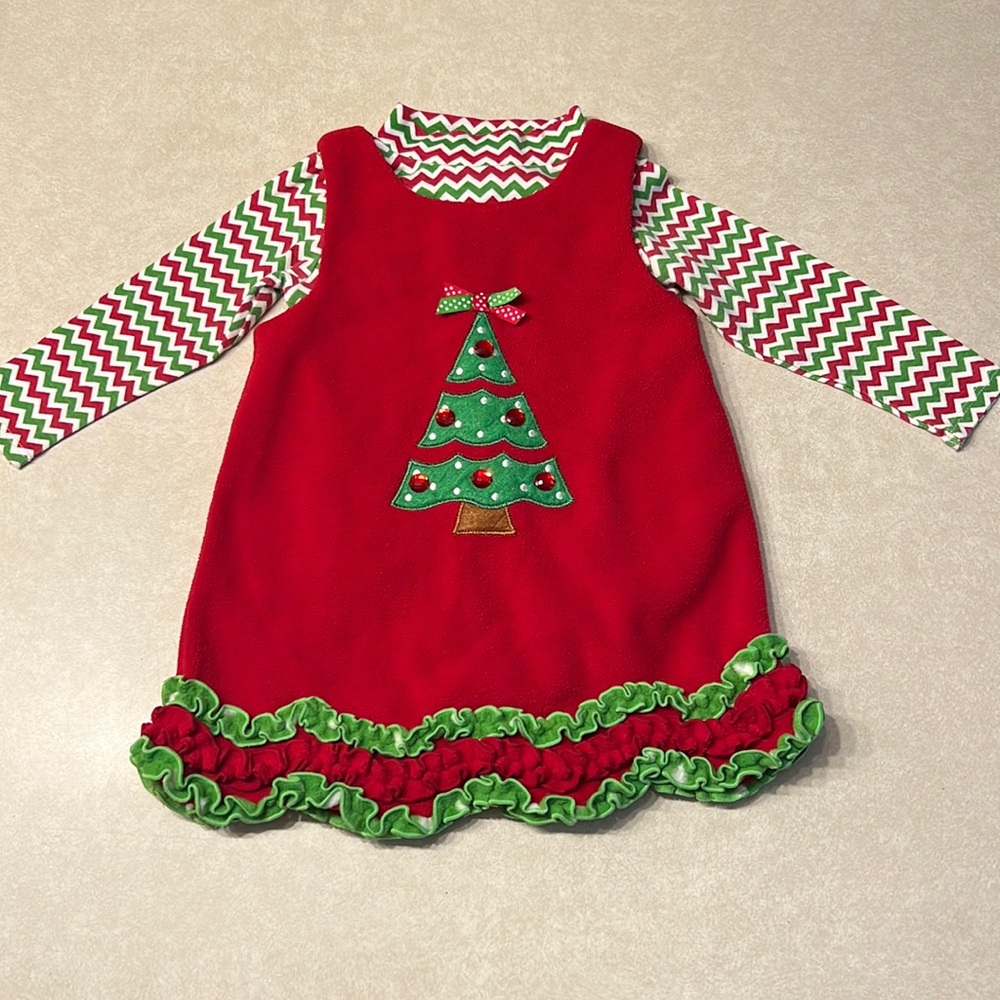 Bonnie Baby Fleece Christmas Tree Dress With Matching Onesie. Size 18 months.